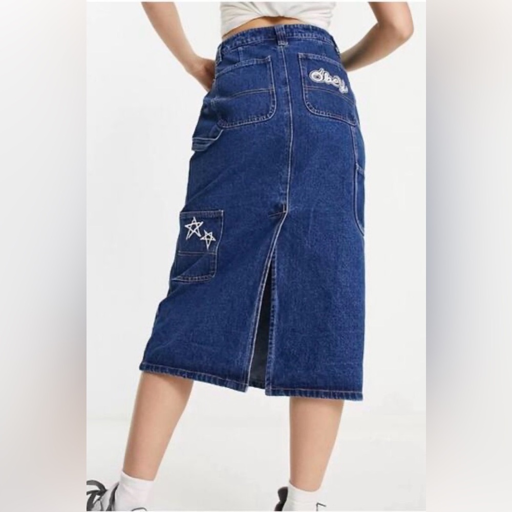 Urban Outfitters OBEY Embroidered Denim Midi Skirt. Patch pockets. Blue. M-L